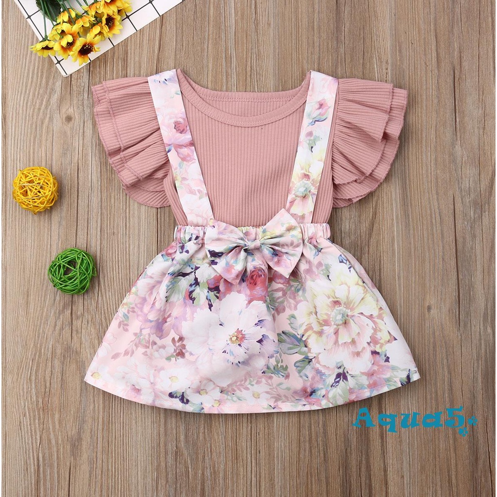 Set áo liền quần phối xếp ly kèm váy yếm xinh xắn cho bé gái 0-3 tuổi