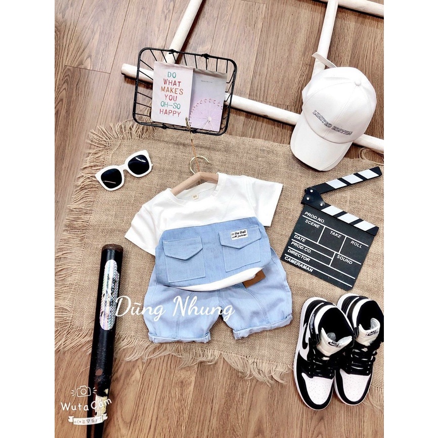 Bộ jean áo né phối jean phần trên  kèm quần jean mềm cho bé