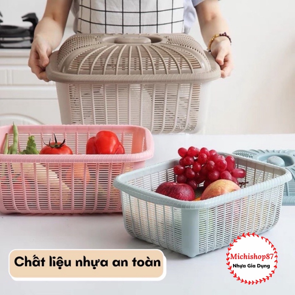 Rổ Nhựa Vuông Có Nắp Đựng Hoa Quả, Bát Đĩa Nhựa Việt Nhật Kiểu Mới