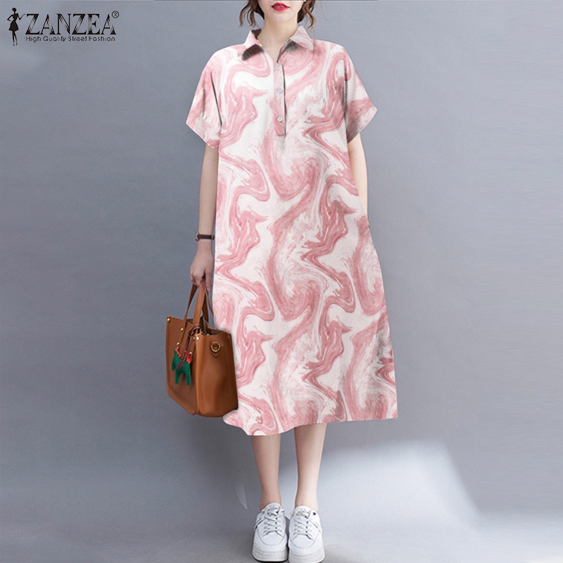 Đầm dài Zanzea tay ngắn cổ bẻ dáng rộng in họa tiết phong cách đáng yêu cho nữ