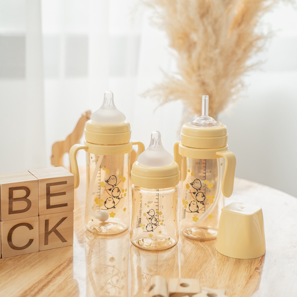 Bình Bebepick bình ống hút tay cầm các mẫu - Chim vàng, chim hồng, hổ mint size 150ml - 250ml