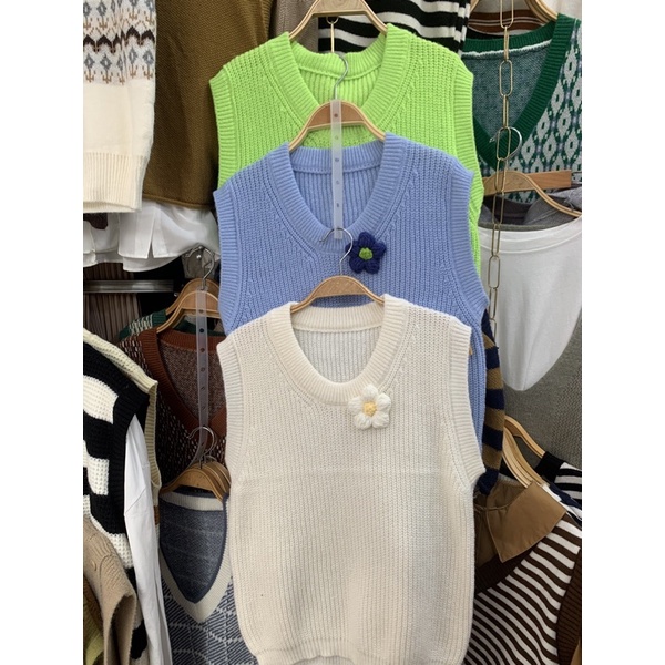 Shopbelinh Áo Len gile Không Tay gắn bông Hoa Phong Cách retro Hàn Quốc xiaozhainv