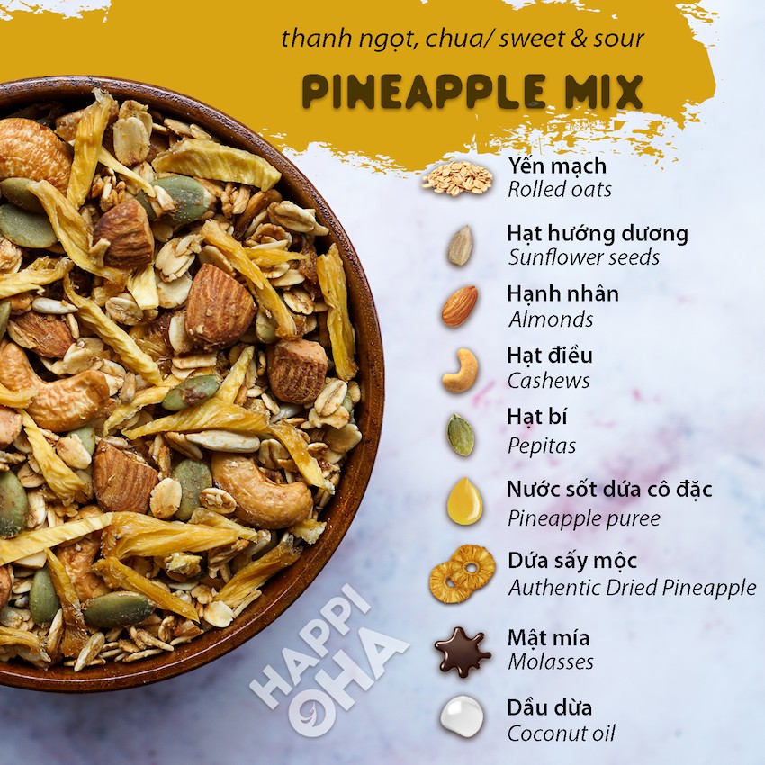 Granola vị dứa 240g/400g Không Đường Tinh Luyện - Ngũ cốc Ăn kiêng/Ăn sáng - Pineapple Mix HAPPI OHA