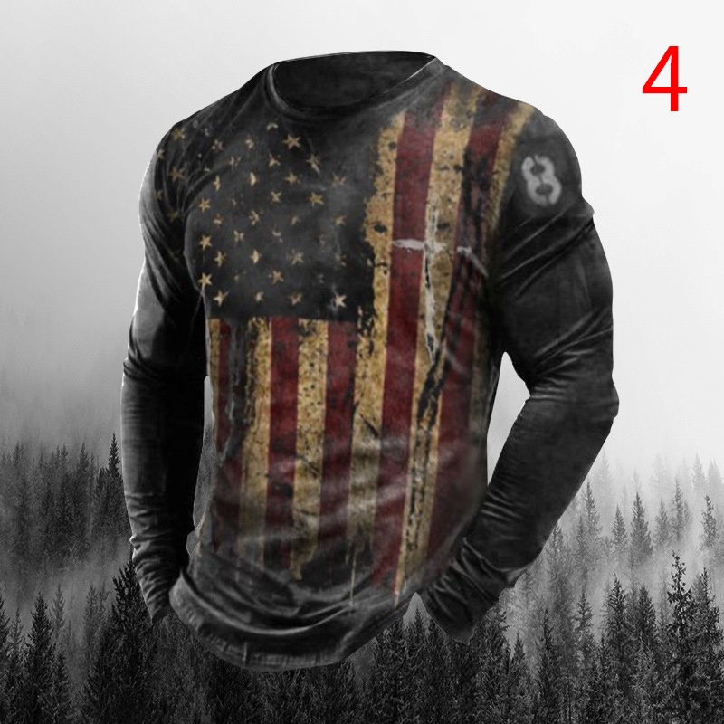 Áo thun tay dài cổ tròn in hình cờ Mỹ 3D thời trang cho nam