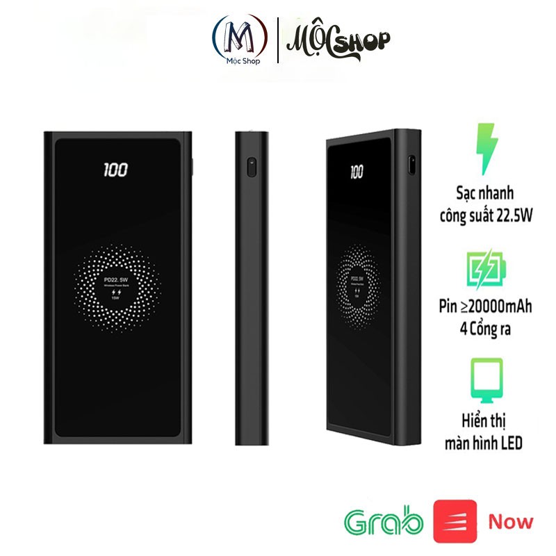 Sạc dự phòng không dây QI 20000 mAh nhỏ gọn sạc nhanh 22.5W PD có đèn LED QT