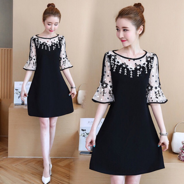 Đầm thun đen phối ren big size cao cấp hàng có sẵn size 65-100kg hàng y hình che khuyết điểm size lớn 60-85kg | BigBuy360 - bigbuy360.vn
