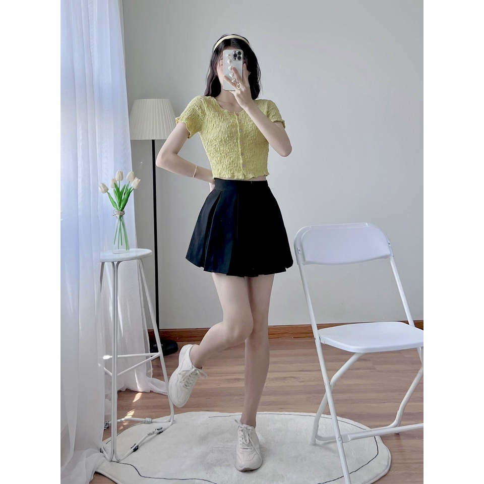 Áo kiểu tay ngắn cổ tròn phối nút nhiều màu chất đũi xốp co dãn form croptop ôm dáng - AO0158