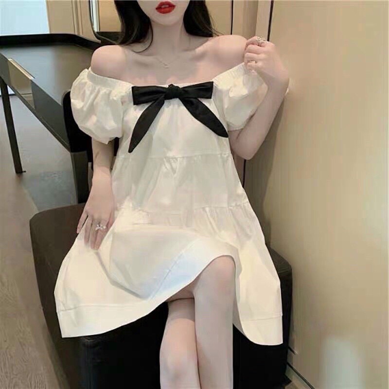 Váy Babydoll Màu Trắng Nơ Cổ Cực Xinh, Đầm Xoè Nữ Tiểu Thư Ngây Thơ