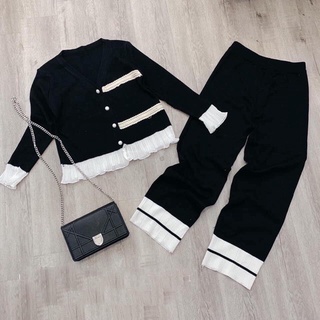 Sét bộ len nữ áo cổ V và quần suông phối bèo trắng siêu xinh