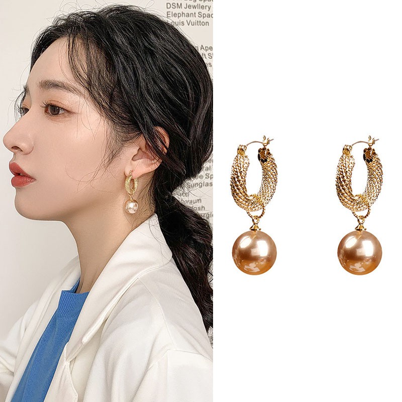 Bông tai kim loại mạ vàng đính ngọc trai giả thời trang
