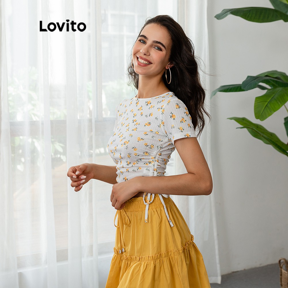 Áo Thun Croptop Lovito Rút Dây In Hoa Thời Trang Thường Ngày L03109 (Màu Trắng) | BigBuy360 - bigbuy360.vn