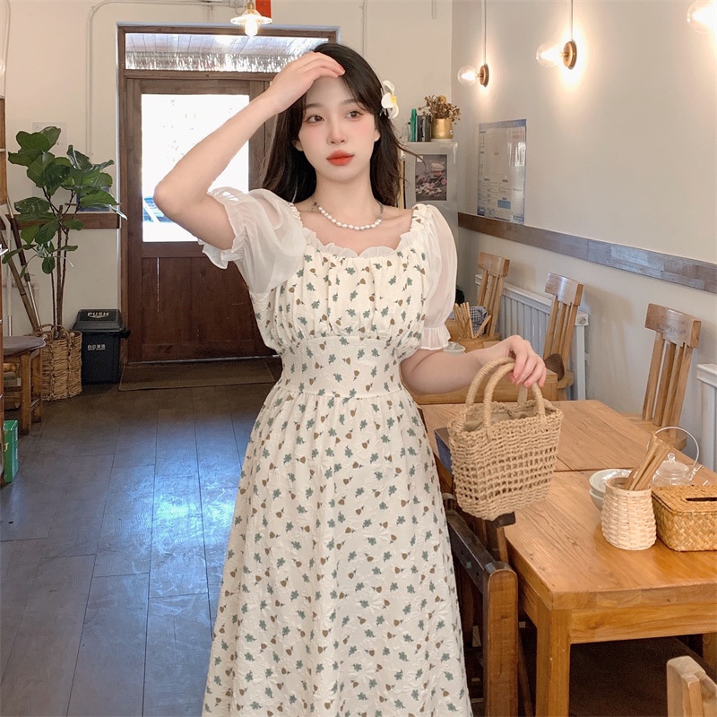 Váy đầm màu mơ họa tiết tay voan phồng ngắn dáng dài ngọt ngào phong cách Hàn Quốc