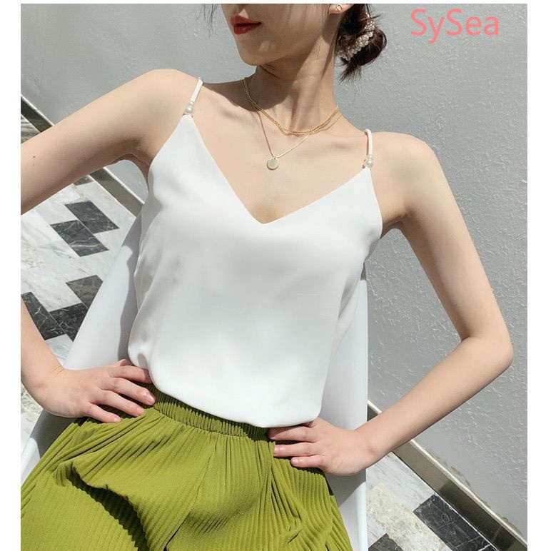 Áo Voan Hai Dây Đính Ngọc Trai Thời Trang Mùa Hè Pháp Cho Nữ