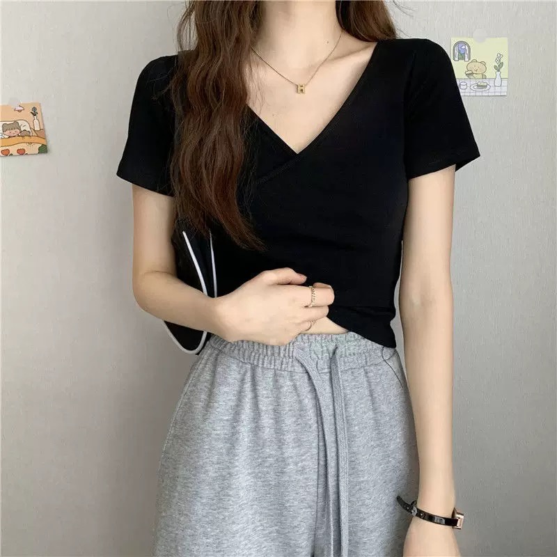 Áo thun nữ trơn vạt chéo croptop hở eo P31