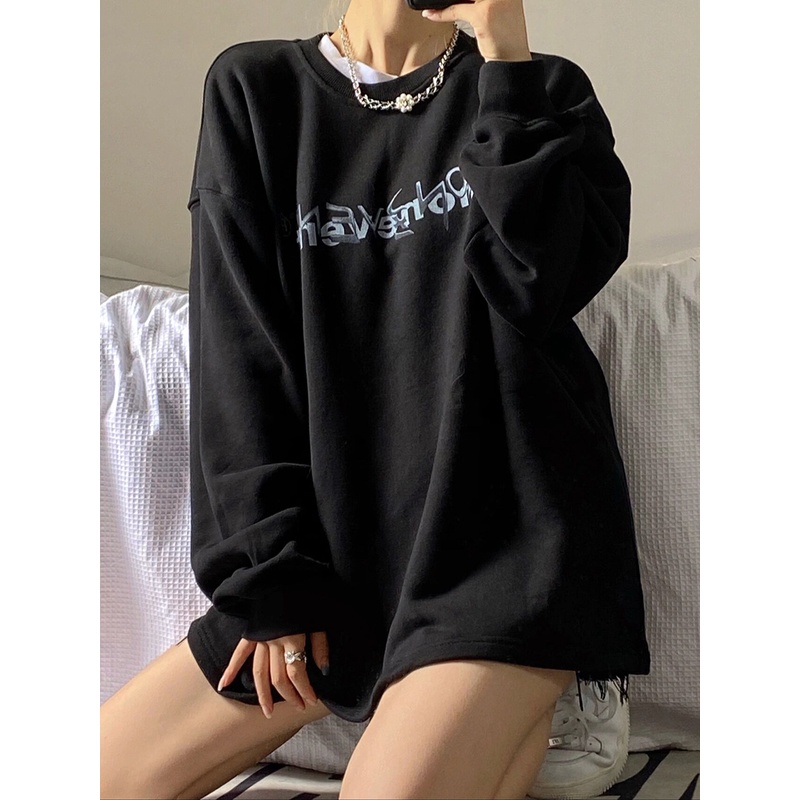 Áo Nỉ Dài Trung Bình Cổ Tròn Dáng Rộng In Chữ Thời Trang Mùa Thu Cho Nữ