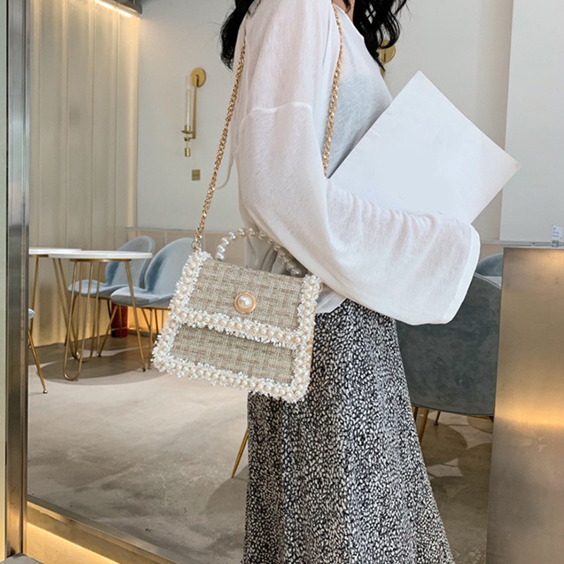 Túi Đeo Vai Vải Lanh Cotton Họa Tiết Hoa Kẻ Sọc Đính Hạt Màu Trắng Dễ Thương Cho Nữ | BigBuy360 - bigbuy360.vn