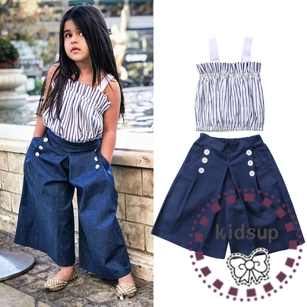 Set Áo Hai Dây Kẻ Sọc Dọc + Quần Denim Ống Rộng Thời Trang Mùa Hè Cho Bé Gái