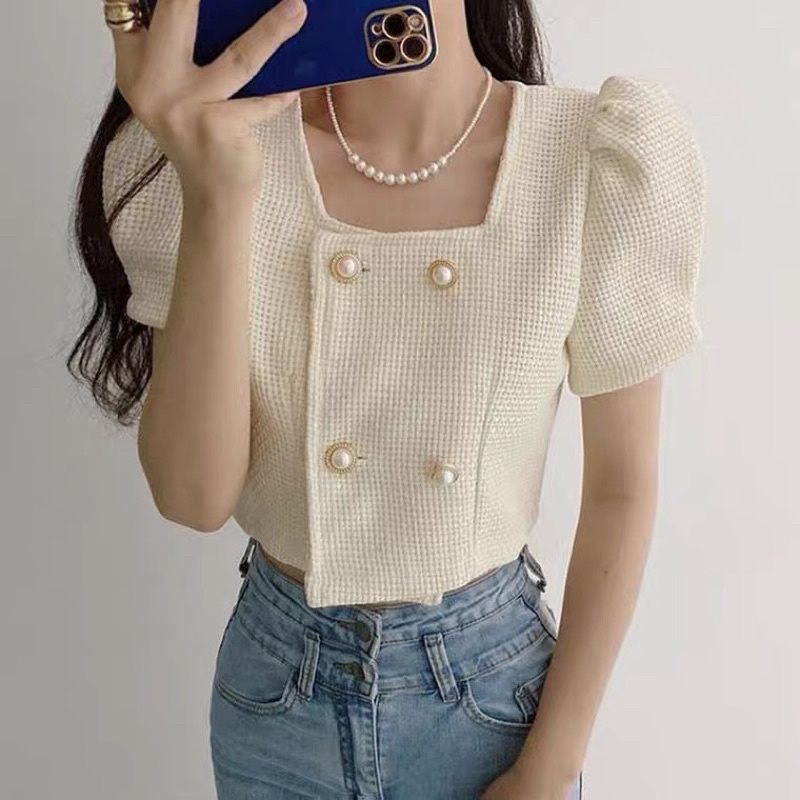 Áo khoác ngắn tay cổ vuông tay phồng vải dạ tweed cúc ngọc croptop sang chảnh điệu đà