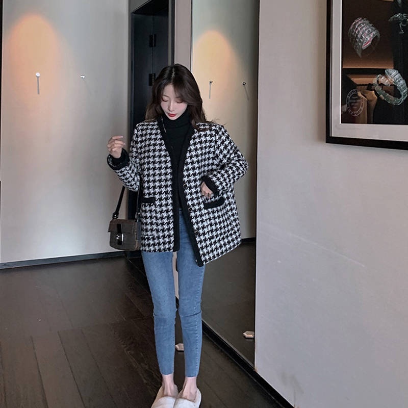 Áo Khoác Họa Tiết Houndstooth Cao Cấp Thời Trang Mùa Xuân Thu Theo Phong Cách Pháp Cho Nữ