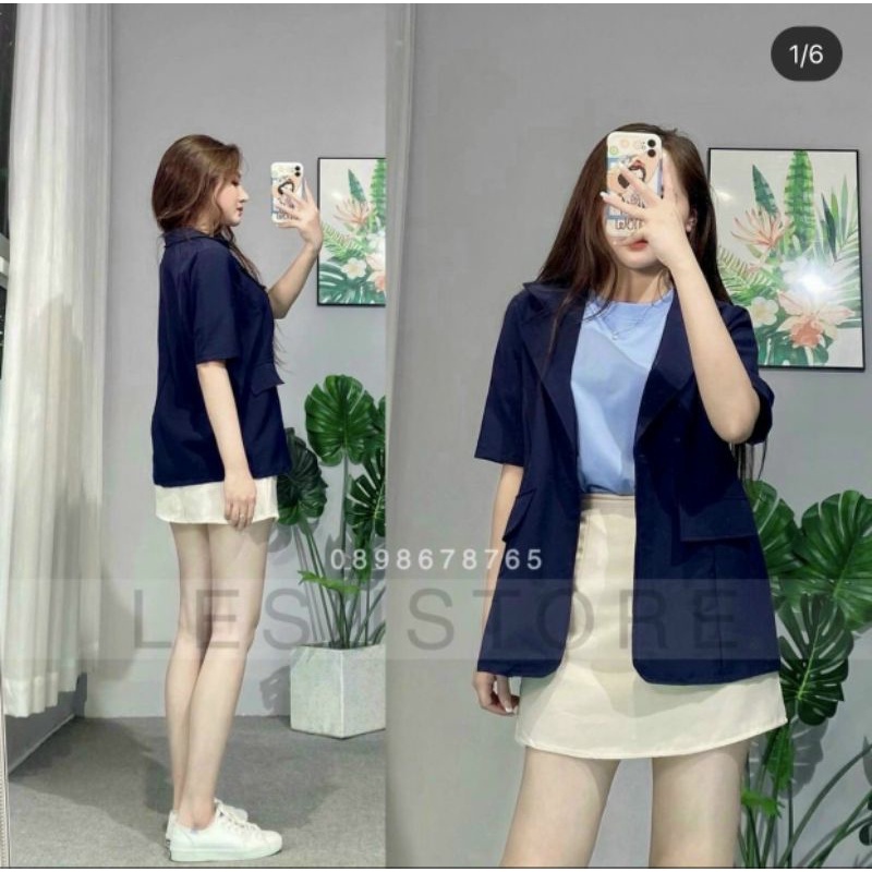 Áo khoác blazer xanh ngắn tay kèm áo thun xanh paster mix chân váy kaki kem