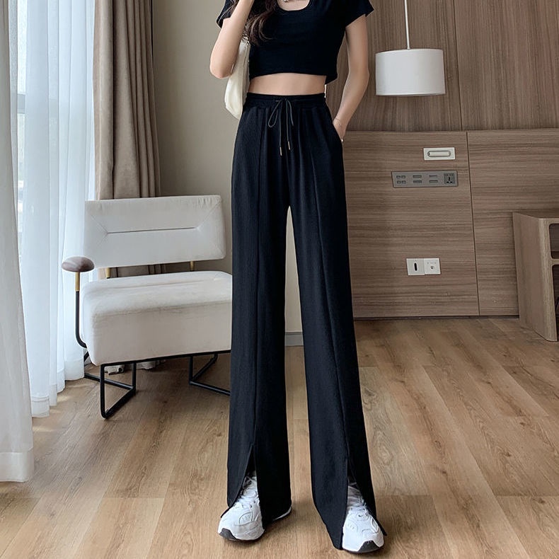 Quần Lụa Lạnh Mỏng Ống Rộng Lưng Cao Xẻ Tà Thời Trang Cho Nữ