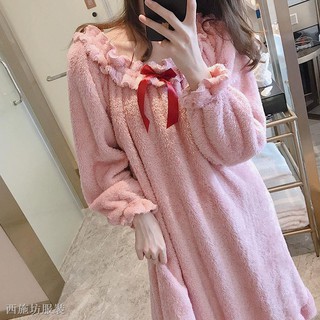 Dây chuyền giá cả các góc♂Bộ đồ ngủ dài tay bằng lông cừu dày thời trang mùa đông dễ thương dành cho nữ