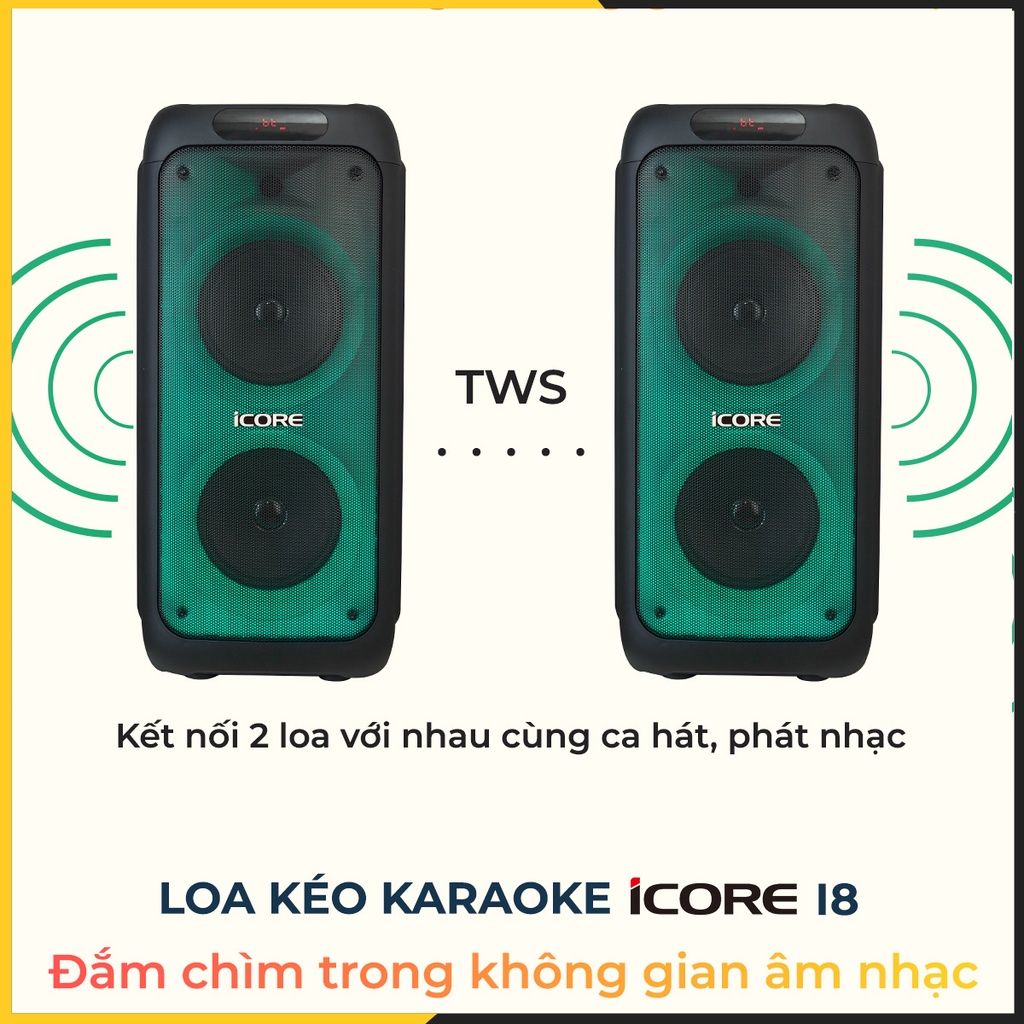 Loa kéo hát karaoke iCore i8 - Kèm 2 micro UHF cao cấp - Hàng Chính Hãng