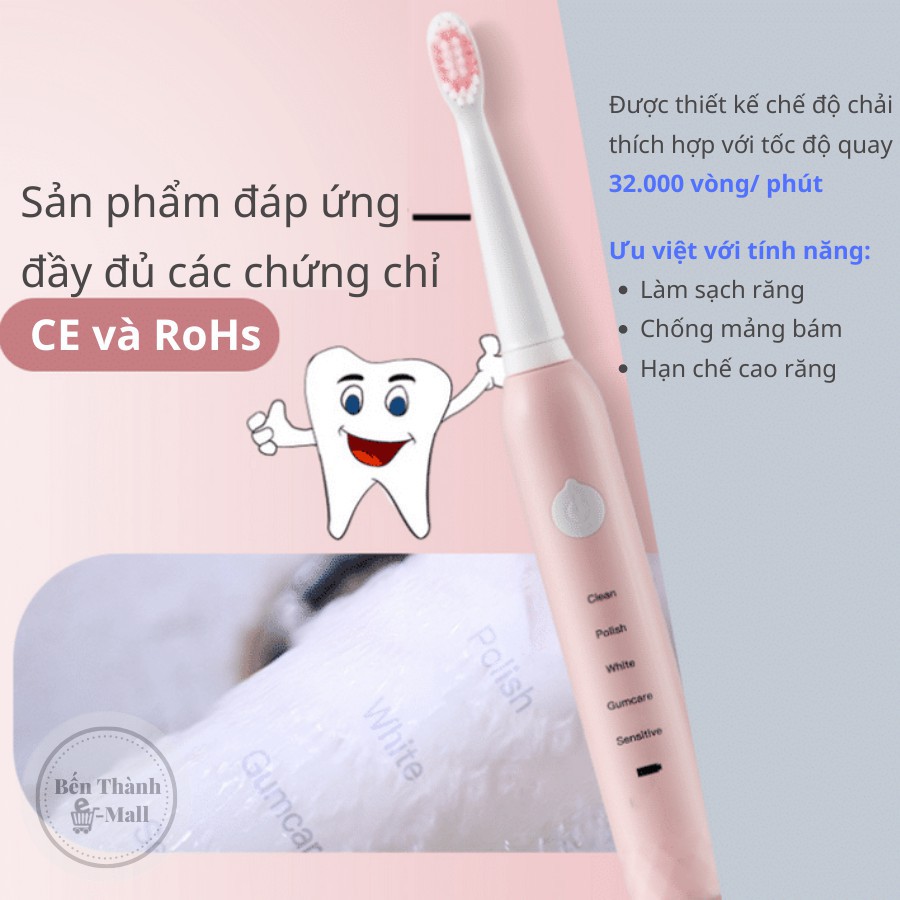 Bàn chải đánh răng điện 5 chế độ làm sạch, chức năng chống nước IP7, lông bàn chải mềm mại - Tặng 3 đầu chải thay thế