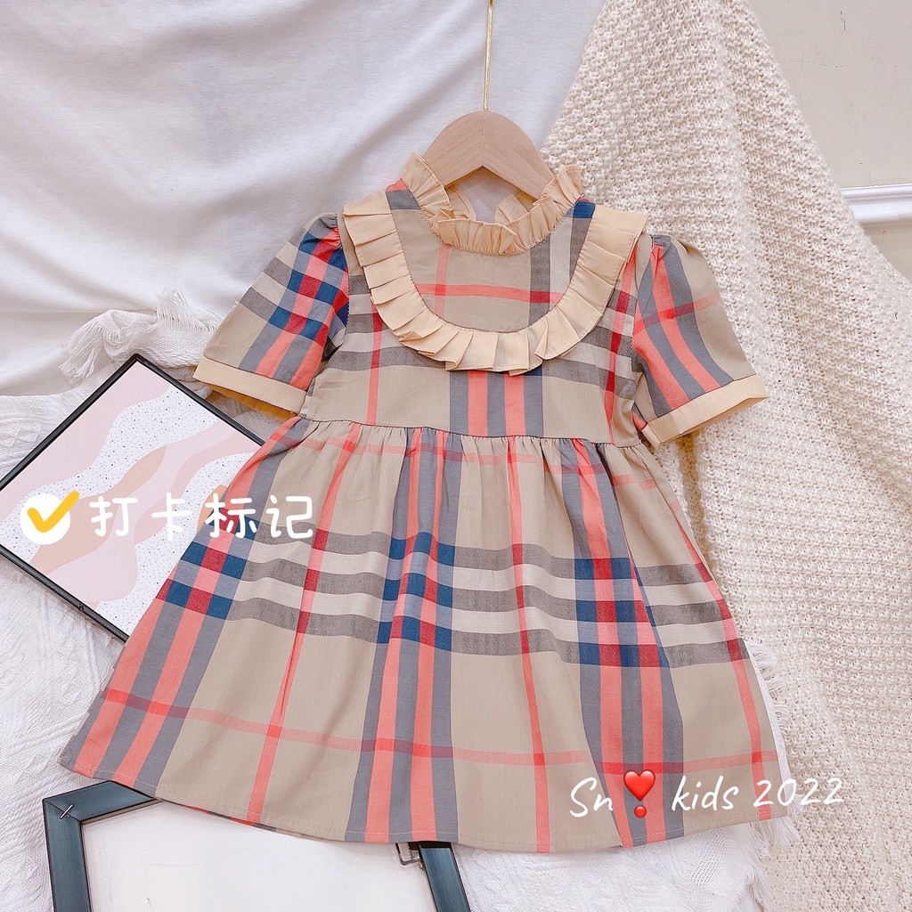 Váy xòe bé gái, váy kẻ bèo cổ và ngực sang xịn mịn cho bé