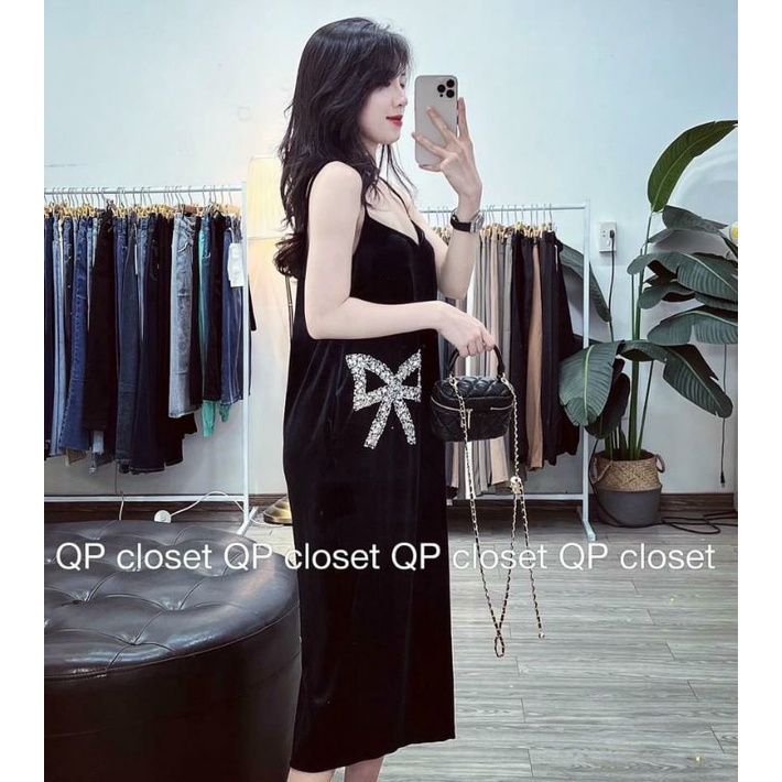 Váy 2 Dây ,váy nhung đính nơ đá sang trọng và quyến rũ