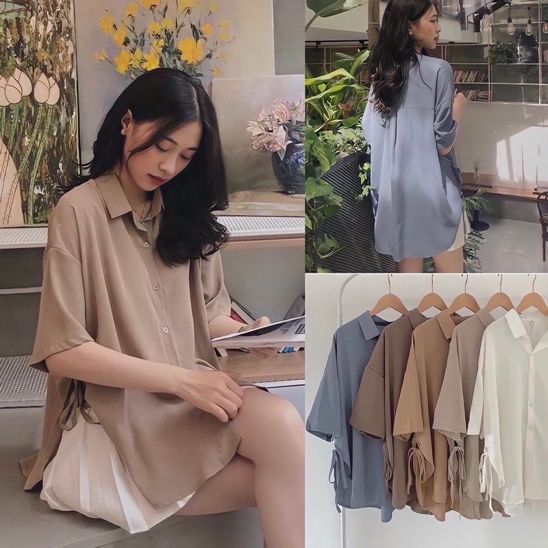 Áo Sơ Mi Nữ Form Rộng Phong Cách Trẻ Trung, Áo mơ mi tay ngắn chất lụa HÀN có thắt nơ 2 bên eo