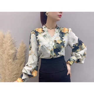 Áo sơ mi cổ V vân đá vàng - xanh