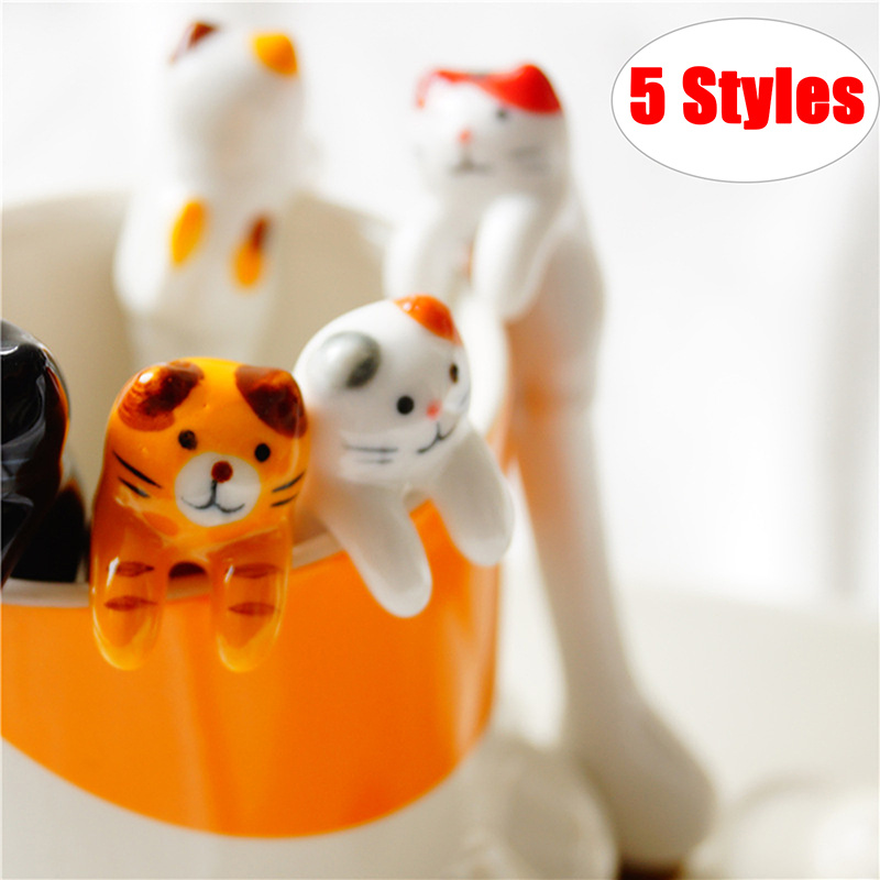 Muỗng cà phê phối hình mèo bằng gốm dễ thương tùy chọn màu sắc