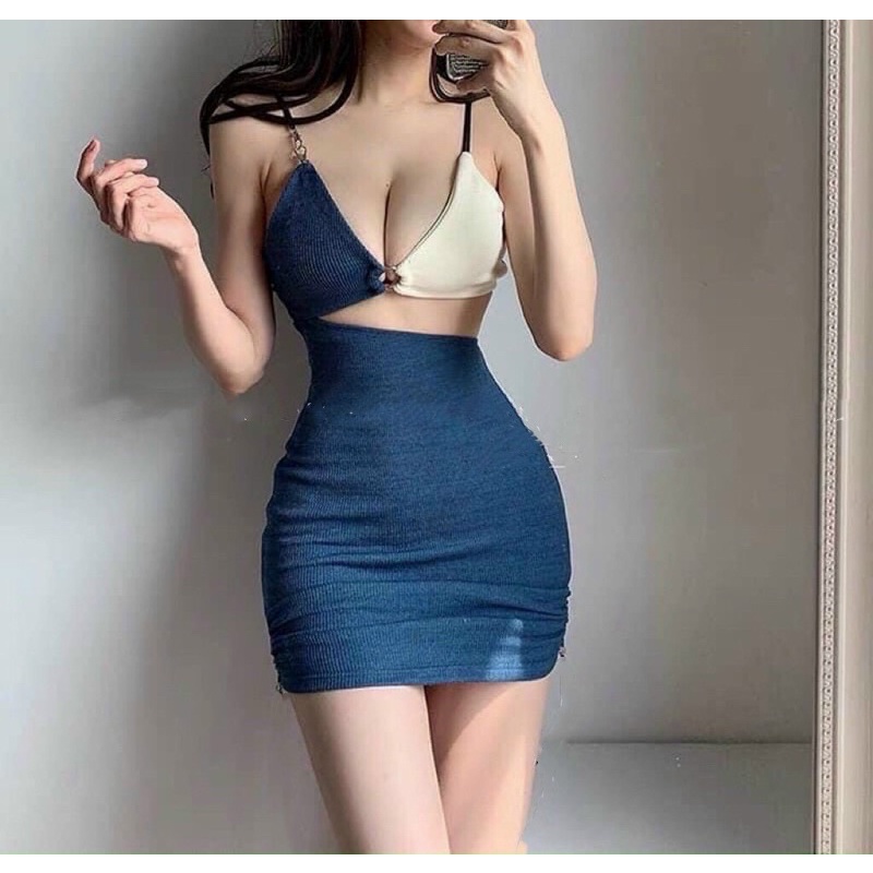 ĐẦM BODY HAI DÂY CÚP NGỰC PHỐI MÀU HỞ EO SEXY