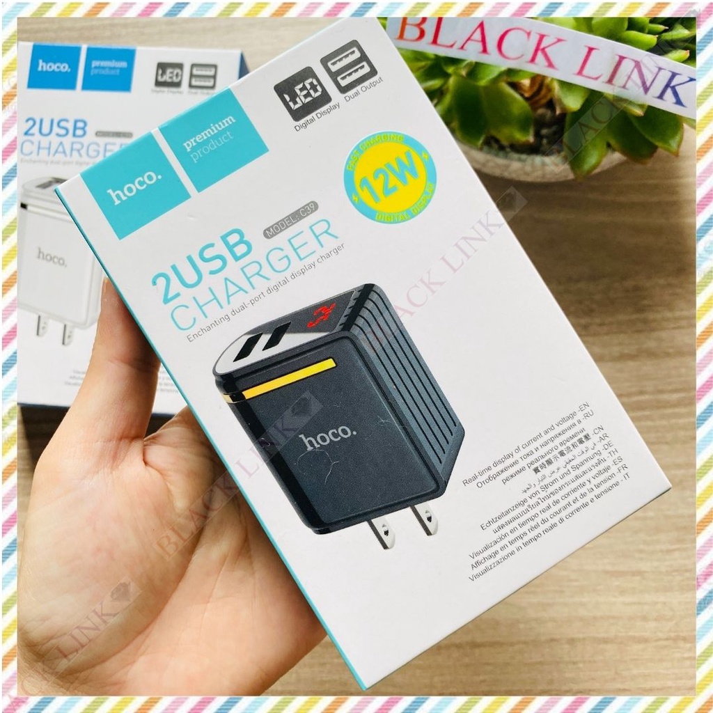 Củ Sạc 2.4A HOCO C39 2 Cổng USB Đèn Led Điện Thoại Máy Tính Bảng - Cốc Sạc Nhanh Pin Dự Phòng Tai Nghe Bluetooth I12