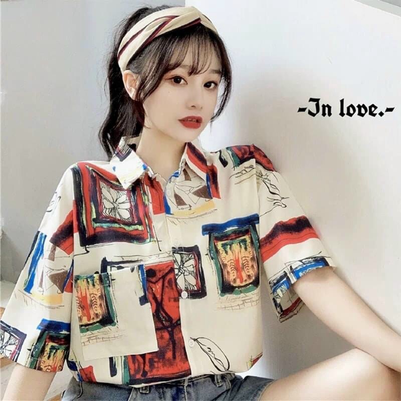 Áo Sơ Mi Lụa Oversize Họa Tiết Cá Tính, In 3D Cổ Bẻ Tay Ngắn - Ulzzang Unisex Mặc Cặp, Nhóm, In HÌNH VINTAGE Ô TRANH