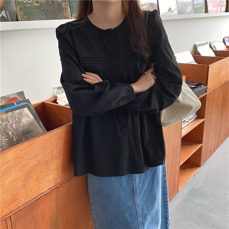 Áo Kiểu Tay Phồng Cổ Tròn Màu Trơn Đơn Giản Cho Nữ 37010