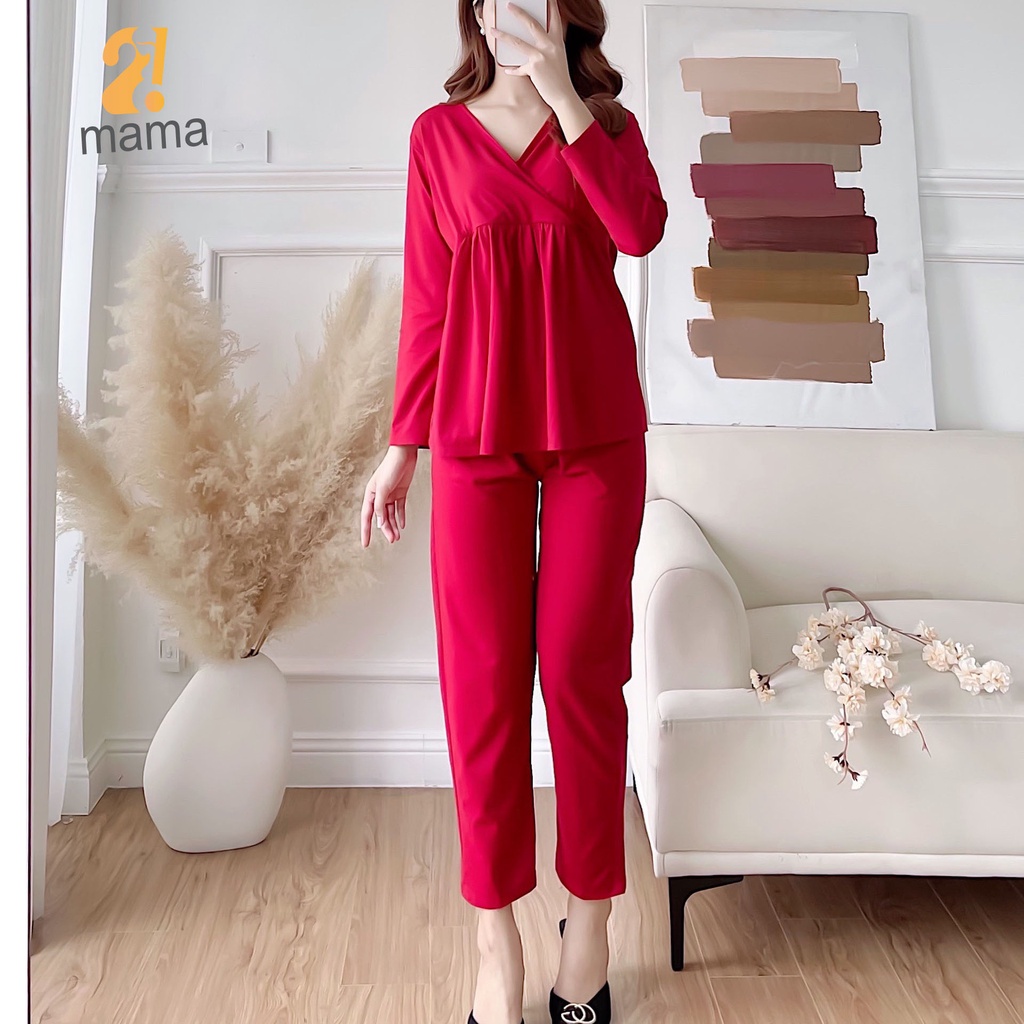 Bộ bầu mặc bầu và sau sinh Chicmom chất thun cotton dài tay vạt chéo cho con bú, cao cấp A007