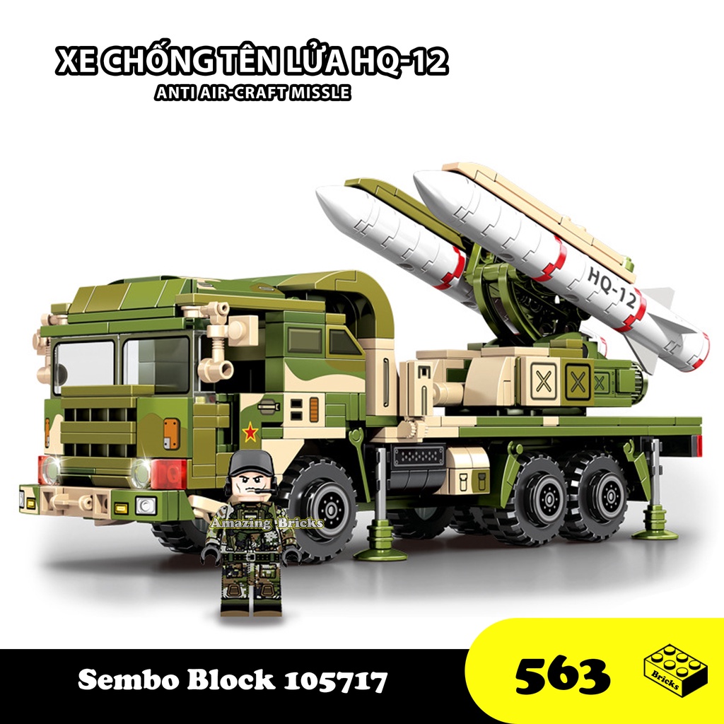Đồ chơi Lắp ráp Xe chống tên lưa HQ-12, Sembo Block 105717 Anti Air-rocket, Xếp hình thông minh, Mô hình quân sự