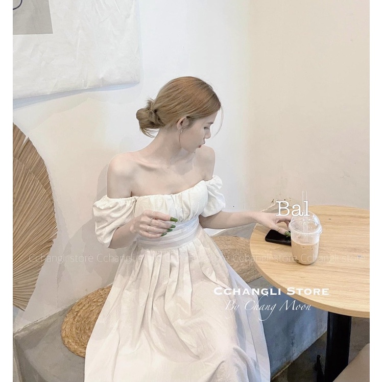 Váy maxi cổ vuông tay bồng