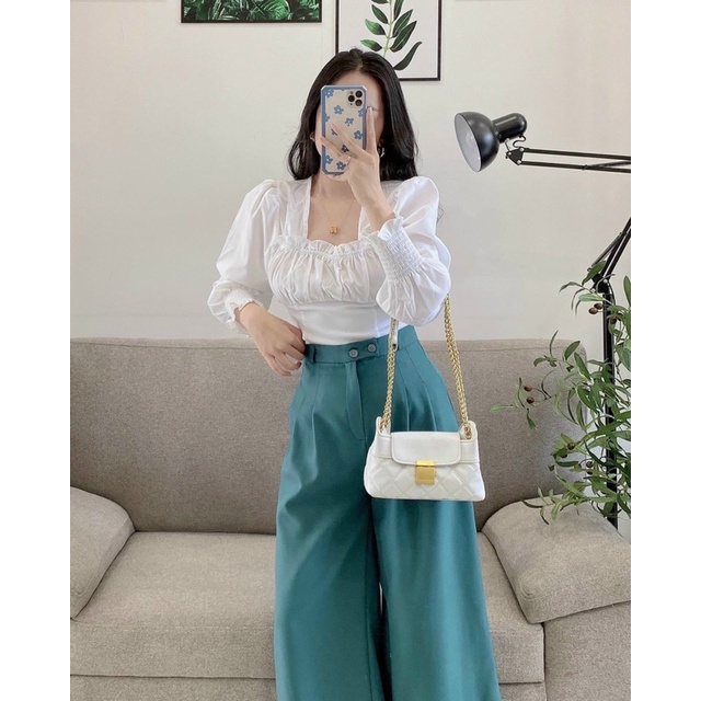 Áo kiểu kẻ caro + trắng trơn tay dài