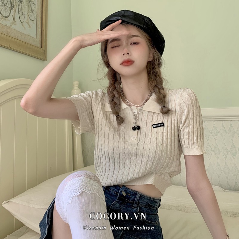 Cocory vn Áo croptop dệt kim ngắn tay dáng ôm thời trang Hàn Quốc quyến rũ cho nữ