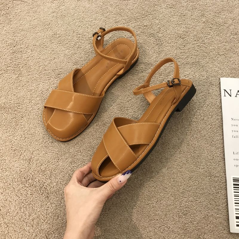 Oeggeo shop Xăng đan Gót Thấp Đan Dây Chéo Cài Nút Retro Cho Nữ