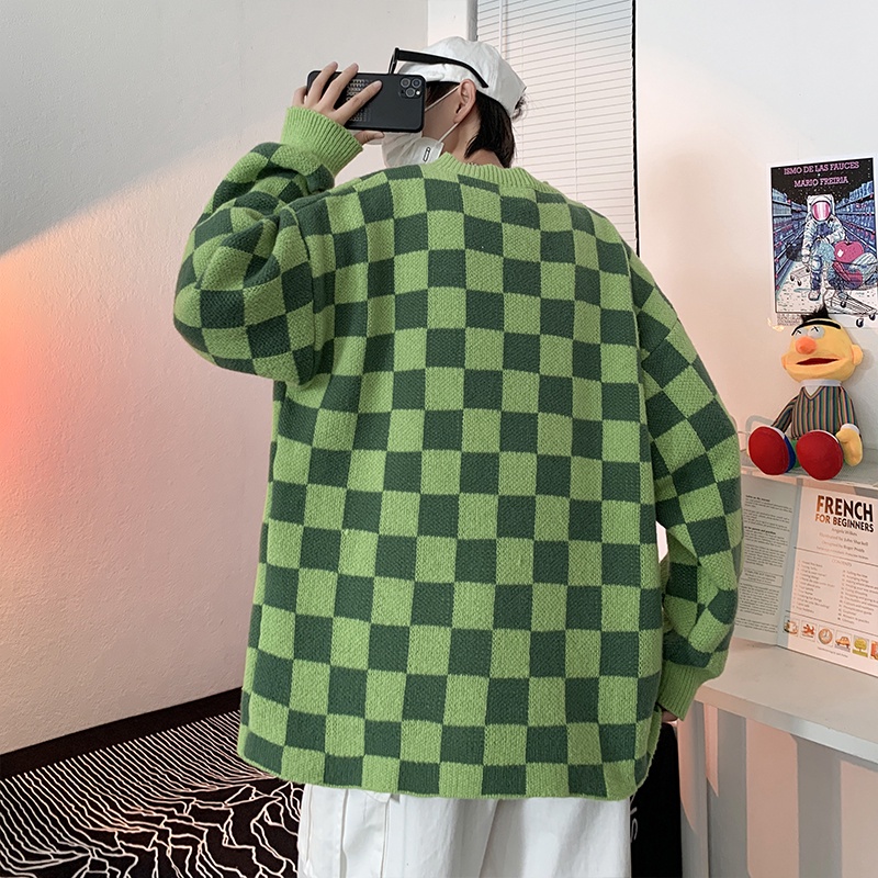 Áo sweater dệt kim dáng rộng in họa tiết bàn cờ thời trang đường phố Mỹ cổ điển giản dị cho nam