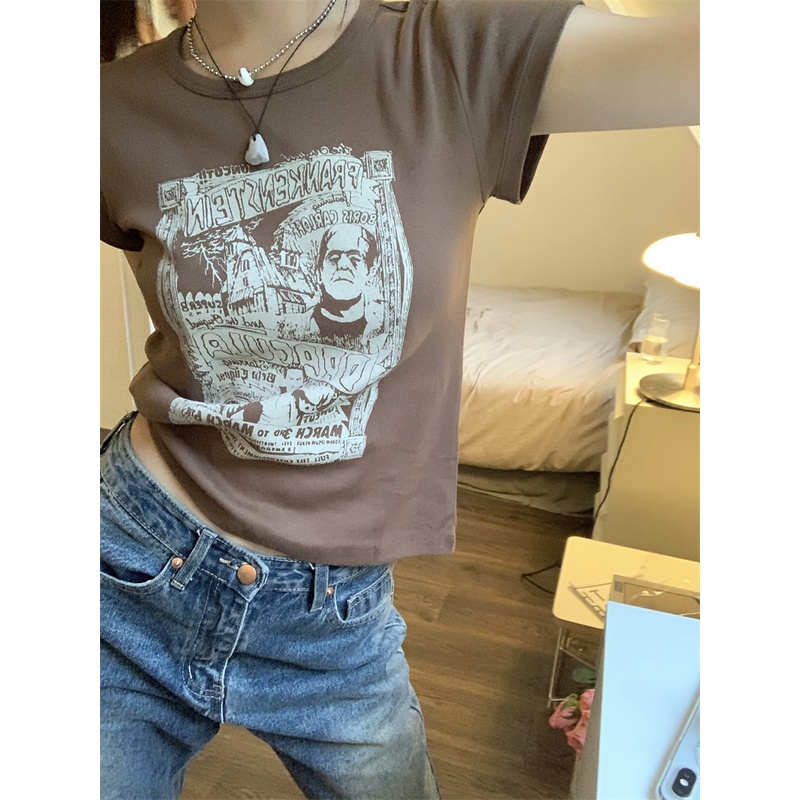 Áo Thun Tay Ngắn Dáng Ôm In Họa Tiết Cổ Điển Thời Trang Phong Cách Hàn Quốc Cho Nữ