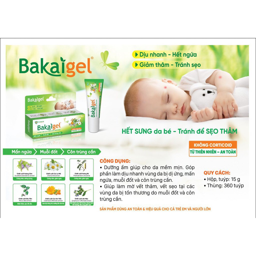 Bakaigel- Gel Bôi Da Trẻ Em Ngừa Vết Thâm Do Muỗi, Côn Trùng Đốt Tuyp 15gr