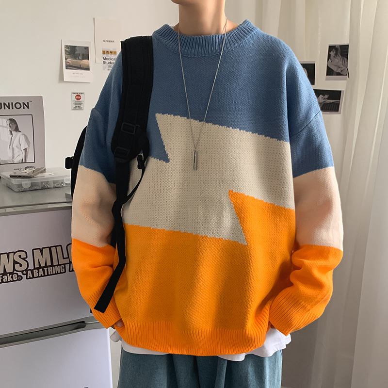High autumn winter sweater men's and women's Korean versatile crew neck loose and thickened sweater ins Hong Kong fashion color matching T-shirt