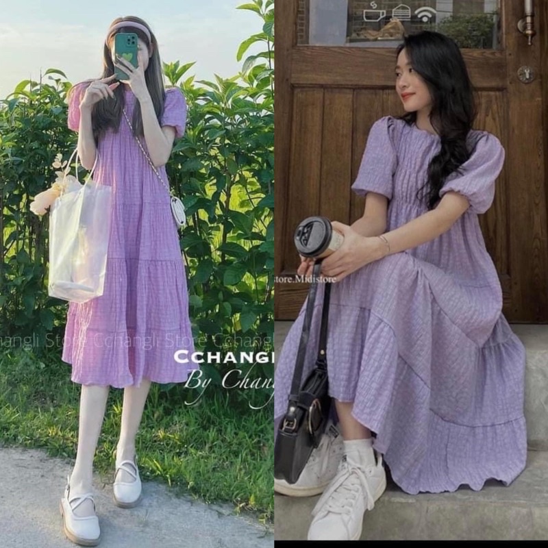 [Ảnh thật/Video]Váy babydoll Yona dáng dài tông màu nổi bắt mắt phong cách nhẹ nhàng Đầm voan tơ nhún bèo