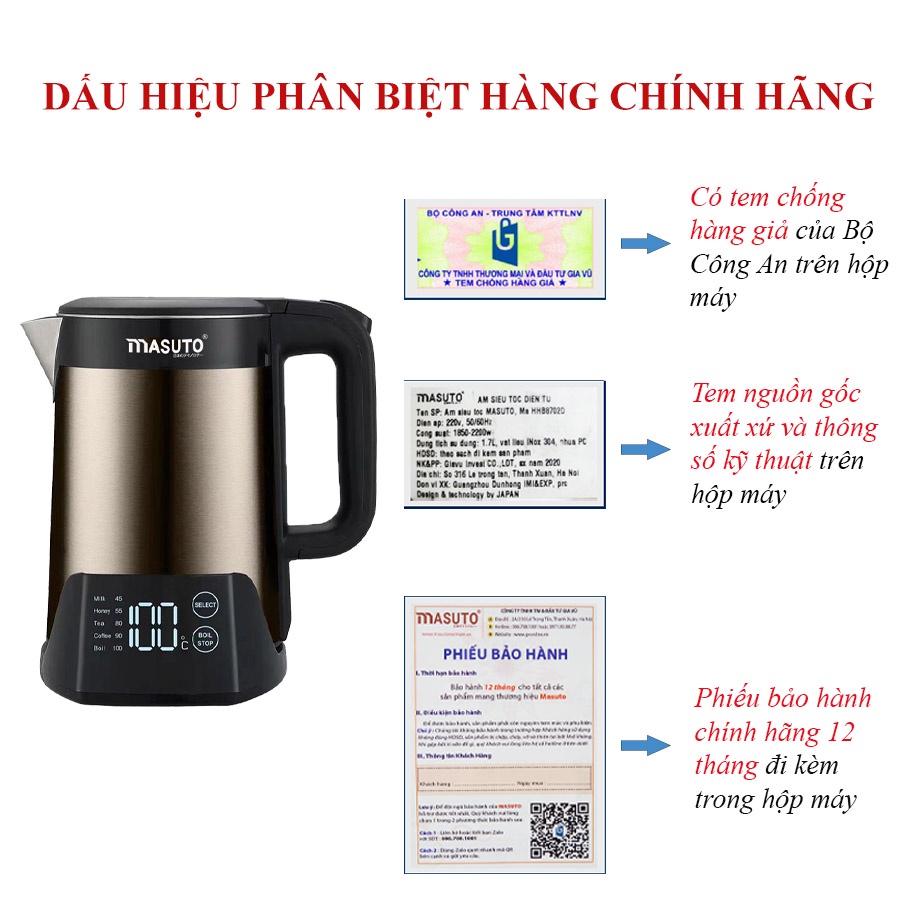 Ấm siêu tốc Masuto 1,5L 2 lớp chống bỏng giữ nhiệt 6 tiếng tự động pha sữa cafe siêu ngon VOUCHER 50K