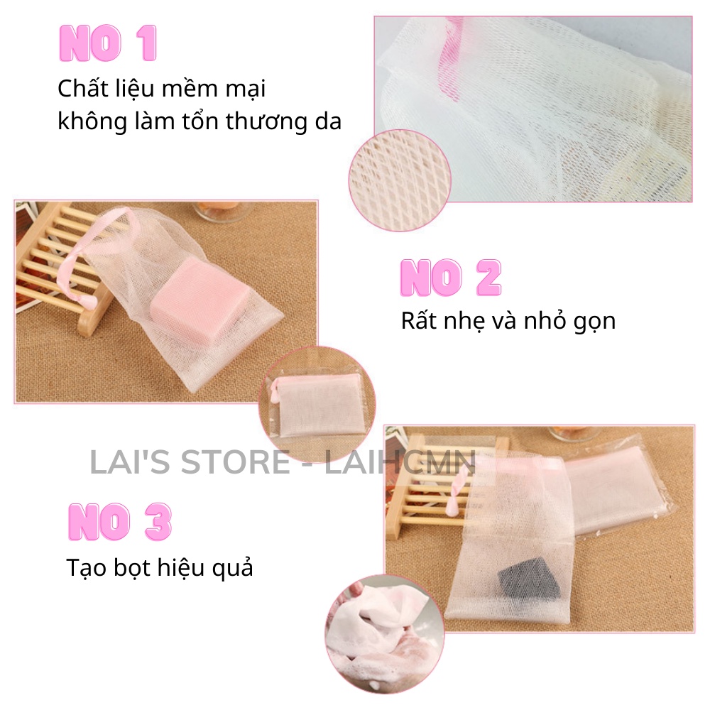 Túi Lưới Đựng Xà Phòng Tạo Bọt Tiện Lợi, Túi Tạo Bọt Có Dây Rút Soap Foaming Mesh Bag (loại 2 lớp dày dặn) - LAI'S STORE